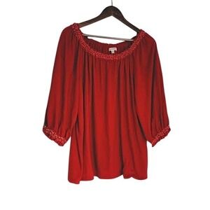 Max Studio Red Smocked Peasant Blouse Plus Size 1X Boho 3/4 Sleeve Scoop Neck